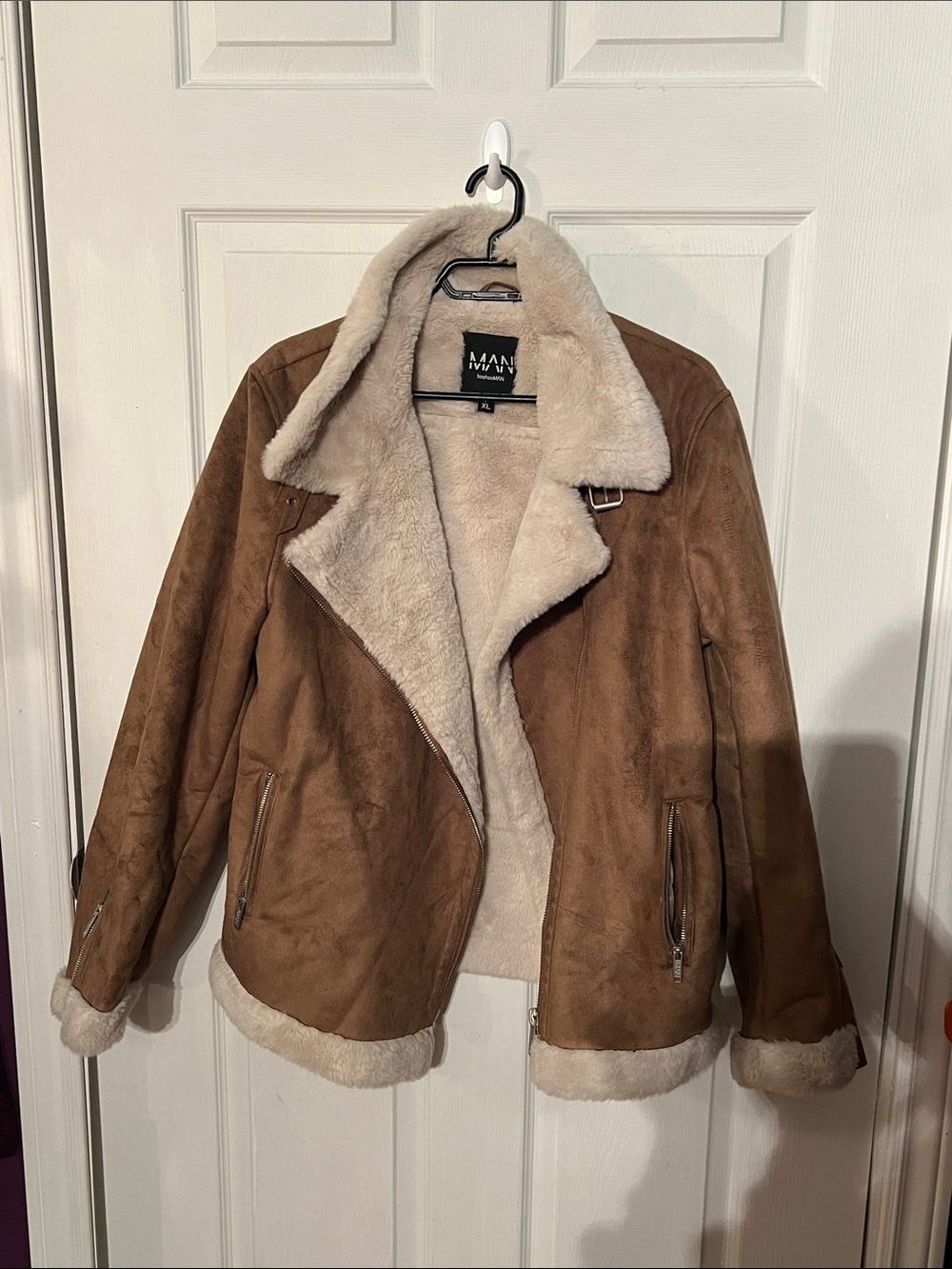 boohooMAN brown jacket with white faux fur